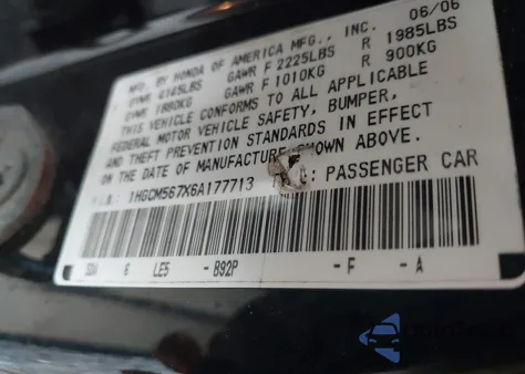 2006 Honda Accord 2.4 Ex из США, поврежденный, VIN 1HGCM567X6A177713